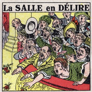 Die Wirkung der Musik: Zuschauer eines Theaters, die ihre Freude mit Rufen, Applaus und Blumen ausdrücken. Anonyme Illustration von 1925. Privatsammlung. von Anonymous Anonymous