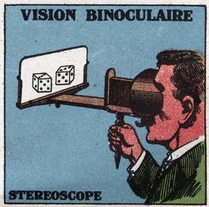 Das Auge: binokulares Sehen. Verwendung eines Stereoskops, um in Relief zu sehen. Anonyme Illustration von 1925. Private Sammlung.