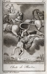 Der Sturz des Phaeton (Phaethon), unfähig, den Wagen des Helios zu kontrollieren, wurde von Zeus getroffen und fiel in den Eridanus-Fluss. Gravur von 1819 in „Lettres à Emilie sur la mythologie“ von Charles Albert Demoustier (1760-1801). Private Sammlung von Anonymous Anonymous