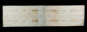Das Heilige Grabtuch von Turin (oder Grabtuch oder Sacra Sindone), Leinentuch mit Spuren (vermutlich die von Christus) der Folter eines Körpers. Königliche Kapelle der Kathedrale Johannes der Täufer von Turin, Italien