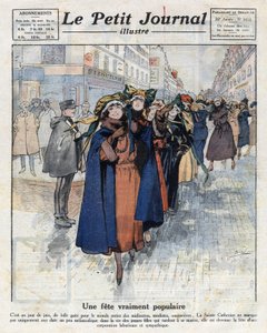 Die Reise der Catherinettes, junge unverheiratete Mädchen, die traditionelle Hüte tragen, durch die Straßen von Paris. Illustration aus „Le petit journal illustrious“ vom 04.12.1921. Private Sammlung von Anonymous Anonymous