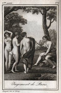 Das Urteil des Paris. Der Hirte Paris muss entscheiden, wem er den goldenen Apfel überreicht, um die Schönste der drei Göttinnen, Athena, Aphrodite oder Hera, zu bestimmen. Gravur von 1819 in „Lettres a Emilie sur la mythologie“ von Charles Albert Demousti von Anonymous Anonymous
