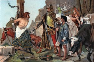 Die Gerechtigkeit von Baudouin VII. (1092-1119), Graf von Flandern genannt die Axt. Werbechromolithographie von Antoine Schokoladen in Brüssel, Anfang des 20. Jahrhunderts. Private Sammlung von Anonymous Anonymous