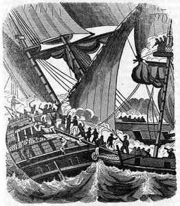 Der Pirat Jean Lafitte (1780-1826) nähert sich dem Schiff Queen East der Compagnie des Indes. Gravur aus „The pirate own book“ 1837 von Anonymous Anonymous