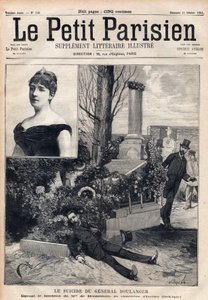 Der Selbstmord von General Georges Boulanger (1837-1891) auf dem Friedhof von Ixelles in Belgien vor dem Grab von Madame Bonnemains. Gravur in „Le petit Parisien“ von 1891. Private Sammlung.