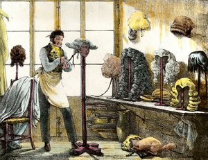 Die Perücke, die eine Katogan-Perücke stylt, Herrenfriseur. Gravur aus „Mirror shows, letters, meds, etc. The arts“ 1821-1823, Privatsammlung