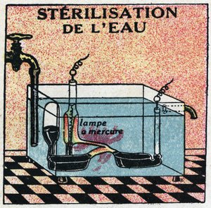 Ultraviolette Strahlen: Sterilisation von Wasser durch ultraviolette Strahlen. Anonyme Illustration von 1925. Private Sammlung.