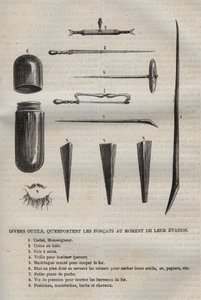 Verschiedene Werkzeuge, die die Sträflinge bei ihrer Flucht mitnehmen. Gravur in „Histoire des bagnes depuis leur création à nos jours“ (1877) von Pierre Zaccone (1817-1895). von Anonymous Anonymous