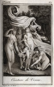 Venusgürtel: Während die Schlacht zugunsten der Trojaner weitergeht, benutzt Juno den Gürtel der Venus, um Jupiter zu bezaubern, und Schlaf, um ihn einzuschläfern. Gravur von 1819 in „Lettres à Emilie sur la mythologie“ von Charles Albert Demoustier (1760- von Anonymous Anonymous