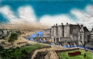Ansicht der Bastille mit ihren umliegenden Mauern unter König Karl V. dem Weisen (1338-1380), Gravur, Private Sammlung