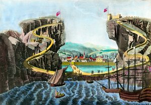 Ansicht der Insel Sainte Helene, aufgenommen in der Nähe von Fort Saint James, Gravur des 19. Jahrhunderts, Privatsammlung von Anonymous Anonymous