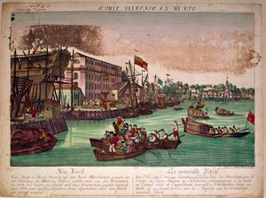 Ansicht des Hafens der Stadt New York in den Vereinigten Staaten, links eine Werft. Die Mündung des Hudson River und die Insel Manhattan (Gravur aus dem 18. Jahrhundert) von Anonymous Anonymous