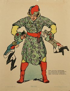 Wilhelm II. von Preußen und Franz Joseph I. von Österreich vom Hals eines russischen Riesen gehalten. - Russische Propaganda im Ersten Weltkrieg. Poster von anonym
