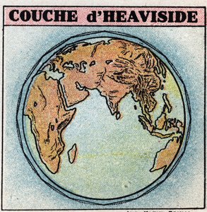 Drahtlose Telegrafie: Heaviside-Schicht, eine Schicht der Erdatmosphäre, die Elektronen enthält. Anonyme Illustration von 1925. Private Sammlung.