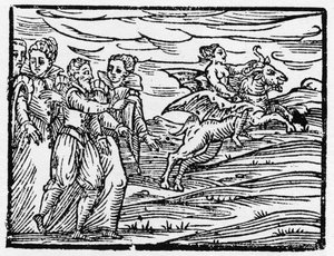 Hexe reitet auf einer Ziege - „Compendium Maleficarum“, behandelt Hexen, ihre Bosheit und ihre Zaubersprüche von Francesco Maria Guazzo oder Guaccio oder Guaccius (15?? -16??) 1608 Private Sammlung von Anonymous Anonymous