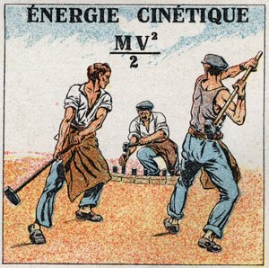 Arbeit und Kraft: Berechnung der kinetischen Energie. Anonyme Illustration von 1925. Privatsammlung.