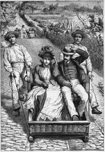 Carros de cesto auf Madeira 1893 - Les corinhos (carrieros) auf Madeira - Männer führen einen Sitz für zwei Personen auf Rollen (ein corinho). Gravur in „Journal des voyages“ 1893 von Anonymous Anonymous