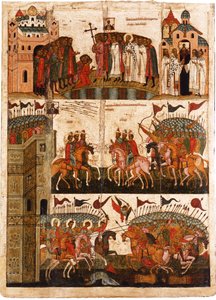 Schlacht zwischen den Nowgorodern und Susdalern, Mitte des 15. Jahrhunderts von Anonymous Russian icon painter