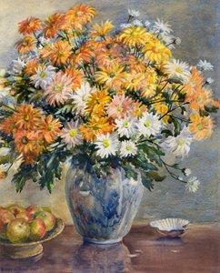 Chrysanthemen in einer blau-weißen Vase