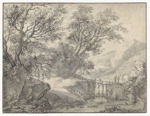 Berglandschaft mit Bäumen und einer Brücke über einen Bach
