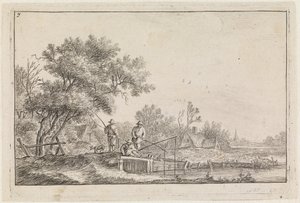 Drei Angler auf der Brücke (Nr. 7 aus einer Serie von 12 Drucken) von Anthonie Waterloo