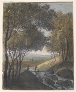 Landschaft mit einem Reisenden, der eine Brücke überquert (recto); Skizzen eines Tores, einer Brücke und eines Rathauses (verso) von Anthonie Waterloo