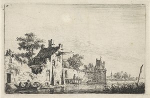 Stadtmauer am Wasser (Landschaften mit Figuren) von Anthonie Waterloo