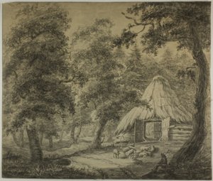 Reetdachhütte im Wald mit Schäfer und Schafen