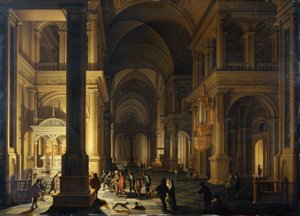 Das Innere einer protestantischen Kirche bei Nacht