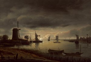 Flusslandschaft mit Windmühle und Booten, Abend