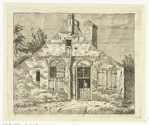 Mann in altem Haus, über die Tür nach draußen schauend von Anthonie van den Bos