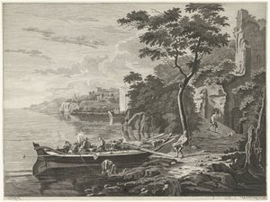 Figuren bei einem Boot in einer Berglandschaft