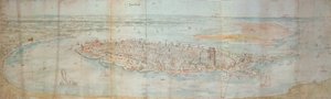 Panoramablick auf Dordrecht, von einem erhöhten Punkt im Westen gesehen