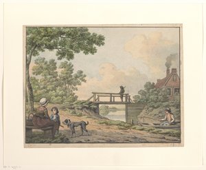 Landschaft mit Figuren und einer Brücke bei einem Bauernhaus