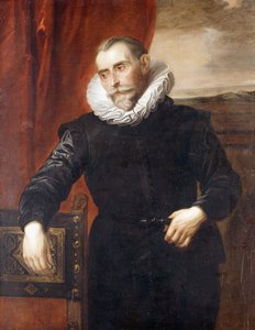 Porträt von Frans Snyders, halblang, in schwarzem Kostüm, auf einen Stuhl gelehnt, eine Landschaft dahinter von Anthony van Dyck