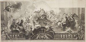 Entwurf des Mittelpaneels der Decke der Großen Galerie des Palais Royal, graviert von Nicolas Henri Tardieu (1674-1749) von Antoine (after) Coypel