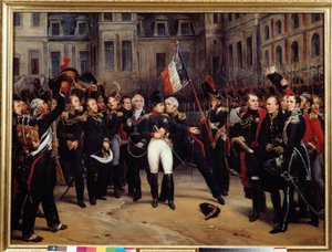 Abdankung von 1814 - Der Abschied von Napoleon Bonaparte (1769-1821) von der kaiserlichen Garde im Hof des Cheval Blanc in Fontainebleau am 20.04.1814 von Antoine Alphonse Montfort