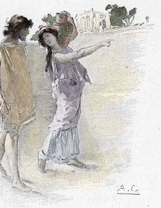 Odyssee von Homer: Gesang VII: Odysseus, von Athena verkleidet als junges Mädchen, kommt zum Palast von Alkinoos Illustration von Antoine Calbet (1860-1944) für „Die Odyssee“ von Homer 1897 Private Sammlung