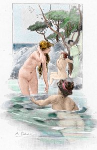 Odyssee von Homer: Nausikaa, Tochter des Königs Alkinoos, und ihre Dienerinnen waschen ihre Kleider im Fluss. Illustration von Antoine Calbet (1860-1944) für die Odyssee von Homer, 1897, Privatbesitz von Antoine Calbet