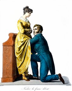 Eine Frau berühren: Ein Patient konsultiert einen Arzt, der sie unter dem Kleid untersucht. Gravur von Chazal (19. Jahrhundert). Paris, Akademie der Medizin