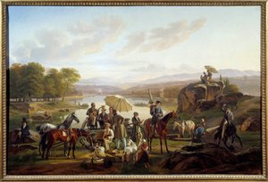 Der Halt der Lyoner Künstler auf der Insel Barbe in Lyon. Maler und Musiker ruhen sich während eines Ausritts aus. von Antoine Duclaux