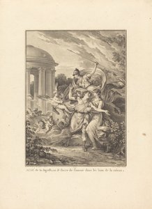 Frontispiz: Mit Hilfe der Weisheit entkommt man der Liebe in die Arme der Vernunft von Antoine Jean Duclos after Jean Michel Moreau