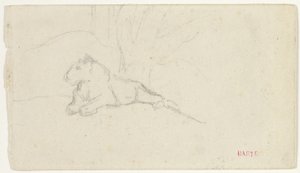 Löwin, die in der Nähe eines Baumes liegt von Antoine Louis Barye