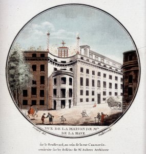 Ansicht des Hauses von Monsieur de La Haye an der Ecke der Rue Caumartin, Paris, gebaut nach Zeichnungen des Architekten Aubert. In pittoresken Ansichten der Hauptgebäude von Paris von Sergeant von Antoine Louis Francois Sergent Marceau