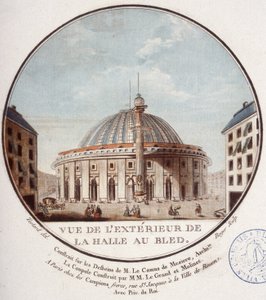 Ansicht des Äußeren des Weizenmarktes, Paris, gebaut von Le Camus de Mézières zwischen 1763 und 1766, heute die Börse in Paris. In malerischen Ansichten der Hauptgebäude von Paris von Sergeant von Antoine Louis Francois Sergent Marceau
