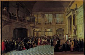 König Ludwig XIV. empfängt den Eid des Marquis de Dangeau in der Kapelle des Schlosses von Versailles am 18. Dezember 1695 von Antoine Pezey