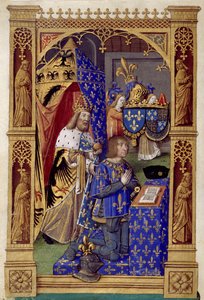 Der König von Frankreich Ludwig XII. (1462-1515) im Gebet mit Karl dem Großen hinter ihm - Miniatur von Antoine Verard (1485-1512) in "Das Stundenbuch von Karl VIII."