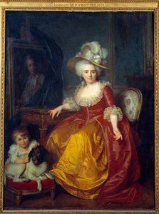 Porträt von Madame Vestier (1740-1831) mit einem Kind zu ihren Füßen, das einem Hund ins Ohr kneift von Antoine Vestier