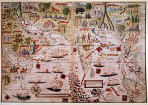 Der portugiesische nautische Atlas der Indes. Seite des Atlas Miller Manuskripts, erstellt 1519 von Pierre und Georges Reinel, Lopo Homem (Kartographen) und Antoine de Hollande (Miniaturist). 16. Jahrhundert. Paris, B N. von Antoine de Hollande