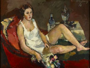 Junge Frau auf rotem Sofa von Anton Faistauer